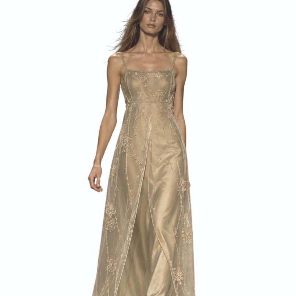 Vintage 90s Maxi Gown Dress Beaded Floral Mesh 16W Tan Formal Prom Fairycore Y2K